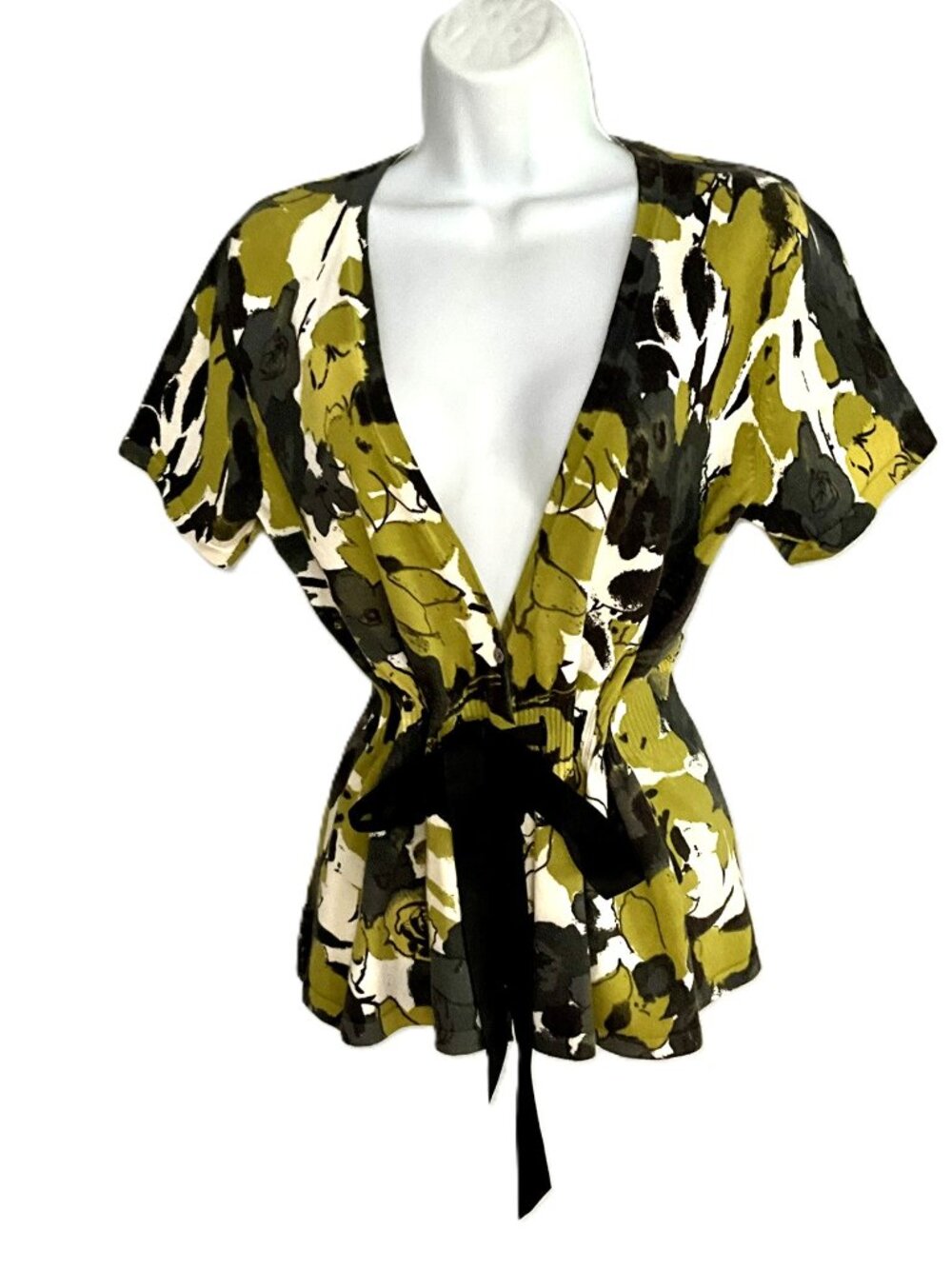 Valerie Bertinelli Floral Wrap Top V-Neck Tie Waist Cotton Blend Short Size L